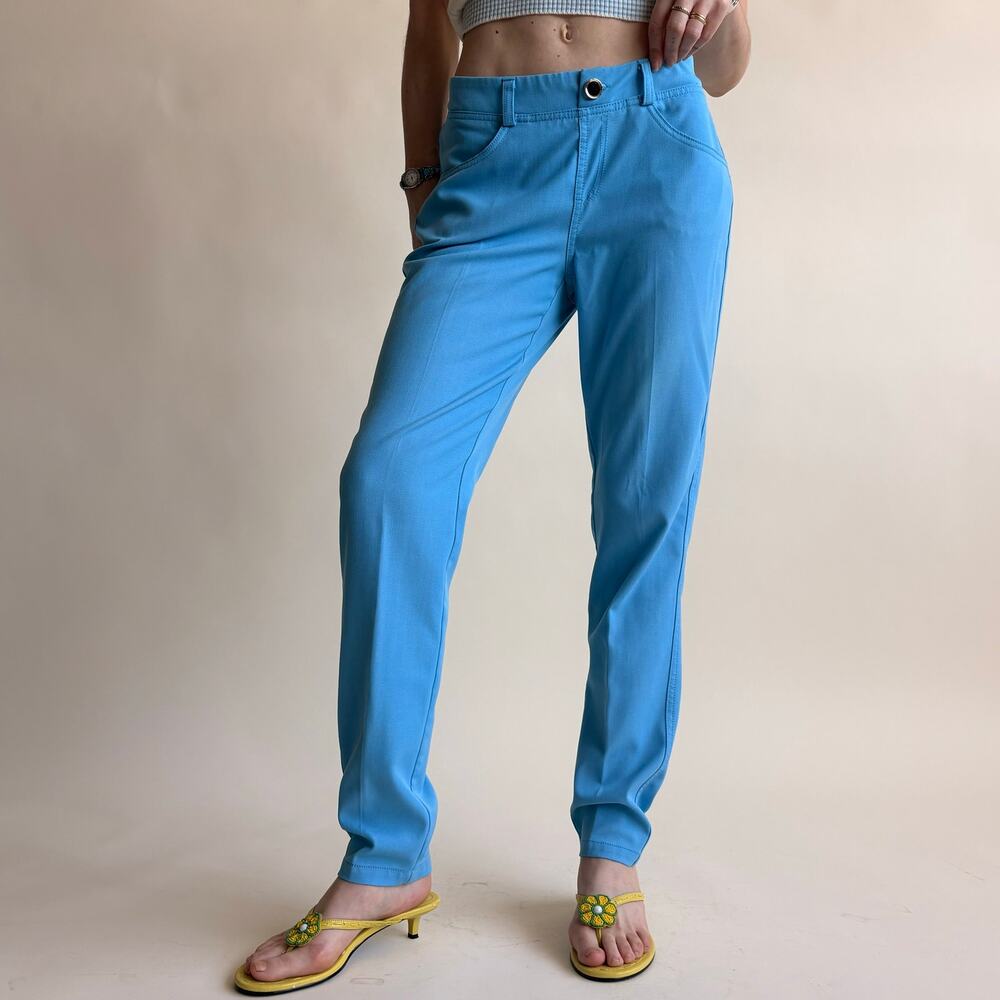 Iman Azure Blue Stretch Trousers - Slim Fit, Size Small